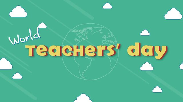 World Teachers' Day Hand Drawn Animated Background Video 4k with Yellow Typography Clouds and Globe Outline