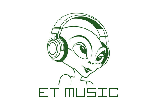Vector logo. Portrait of alien wearing headphones. Extraterrestrial music. Musical label. Head of little green man. Emblem. Rhythmic sound from space. Isolated background