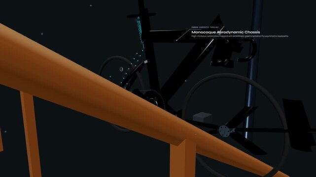 3D technical animation showing the carbon fiber anisotropy of a monocoque bicycle chassis detailing the unidirectional matrix cross-ply weave and structural stiffness during pedaling