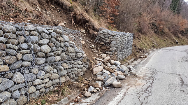Gabion retaining wall failing on mountain road, erosion causing rockfall and potential landslide hazard