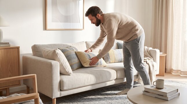 Casual father arranging geometric pillow on linen sofa in scandinavian living room during morning for cozy lifestyle interior editorial