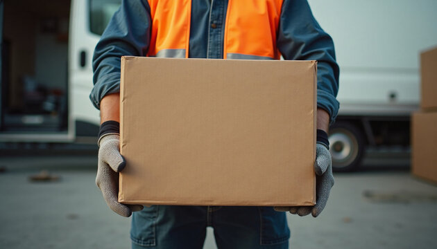 Close up of delivery man holding cardboard box in front of delivery van courier. Parcel service and logistics
