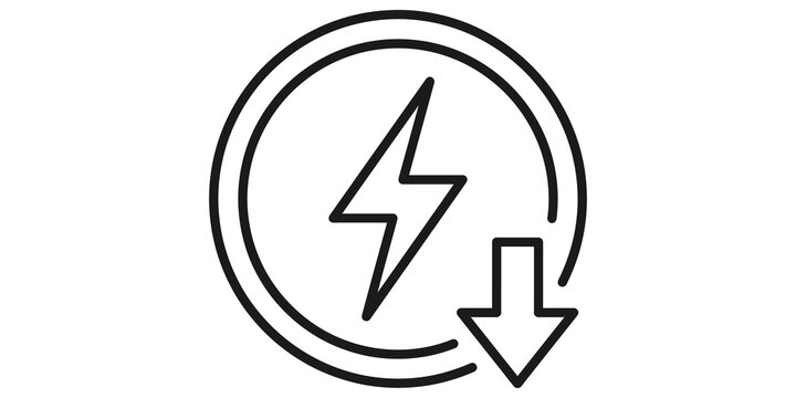 Power lightning bolt symbol inside circular frame with downward arrow for energy reduction concepts.