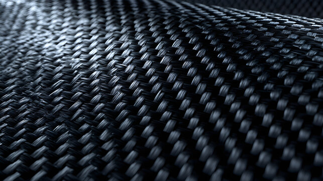 Carbon fiber weave pattern exhibits glossy black diagonal threads with high tech industrial texture.