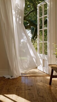 White sheer curtains gently blowing through open garden doors in warm sunlight, peaceful summer home interior with natural breeze and wooden floor