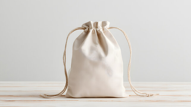 Fabric drawstring bag made of natural canvas sitting on a light wooden tabletop.