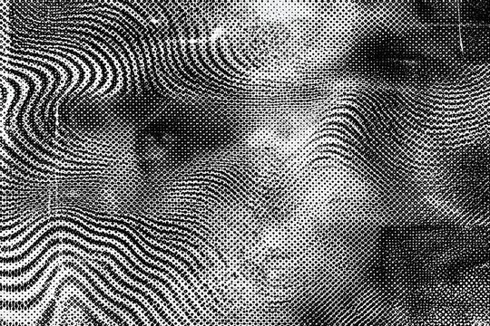 Distorted Face with Psychedelic Waves: A close-up of a human face rendered in a glitch art style, overlaid with black and white psychedelic wavy patterns, creating a surreal and disorienting effect.