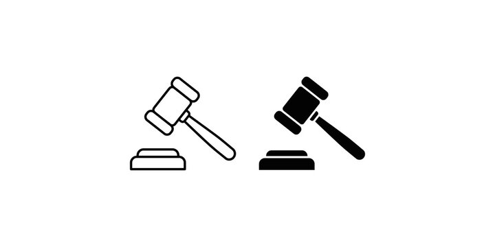 Gavel hammer auction judge legal icons set for law justice proceedings.
