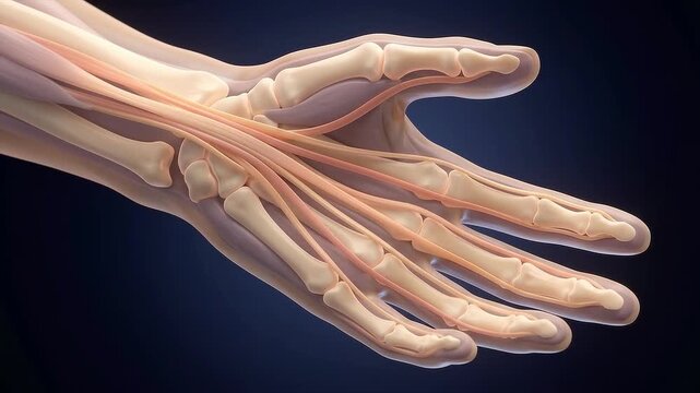 3D anatomical visualization of the human hand showing skeletal structure, bones, and tendons in detail.