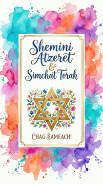Shemini atzeret and simchat torah holiday greeting card with floral star of david and colorful watercolor splash