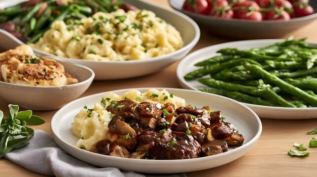 A plated meal featuring beef with mushrooms over mashed potatoes  accompanied by green beans and other side dishes