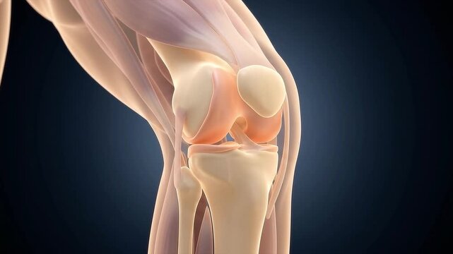 Detailed 3D Medical Illustration of a Human Knee Joint Showing Bone Structure, Ligaments, and Muscle Fibers on a Dark Background