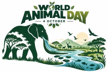 Obraz premium World Animal Day celebration with diverse wildlife in a vibrant natural landscape during golden hour