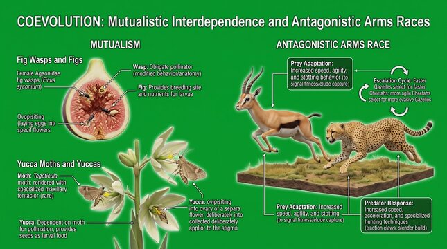 Educational infographic showing coevolution of mutualism and arms races