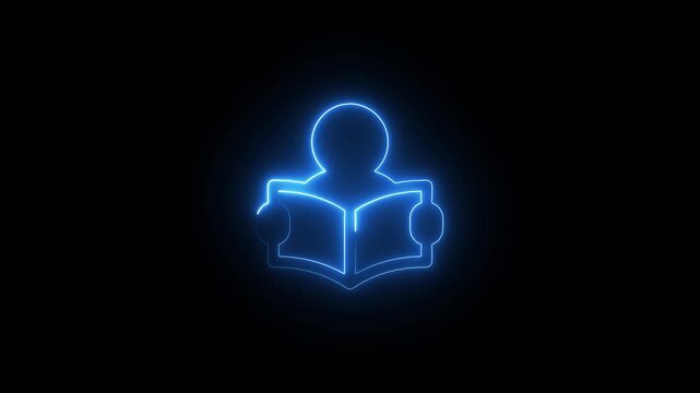Glowing neon person reading book icon isolated on black background.Education, learning, knowledge, and study concept.Human holding book on dark background.
