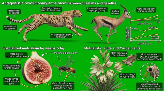 Educational infographic showing evolutionary coevolution and arms race