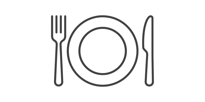 Restaurant setting icon with plate fork and knife for meal service.