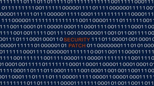 Security patch text or word with digital binary animation background, designed for digital world technology concept representing software updating, system defense, and vulnerability.