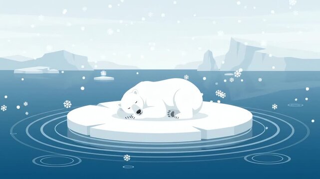 Sleeping Polar Bear on Ice Floe, Arctic Winter Animation