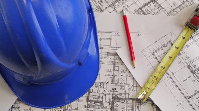Construction and architecture tools arranged on detailed blueprints: a blue hard hat, tape measure and pencil highlighting planning, engineering, safety and project design concepts for builder