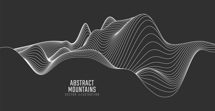Contour mountain landscape. Waved line art. Abstract minimal topographic map. Contour lines with elevations and terrain depth. Vector illustration.