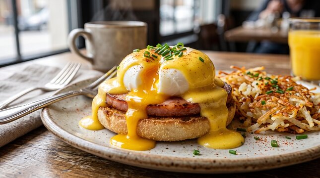 Eggs Benedict with hash browns