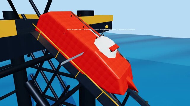 3D animation of an enclosed free fall lifeboat launching from an offshore oil rig plunging into the ocean and surfacing to demonstrate maritime safety and emergency evacuation procedures