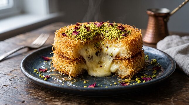 Kunafeh topped with pistachios
