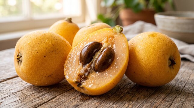 Loquat fruits halved