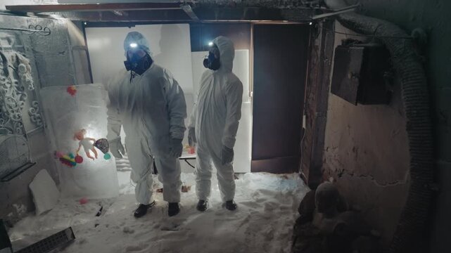 Two forensic technicians in protective suits collecting nuclear sample inside frostcoated abandoned house, careful swab and vial handling under narrow headlamp, clinical but eerie scene