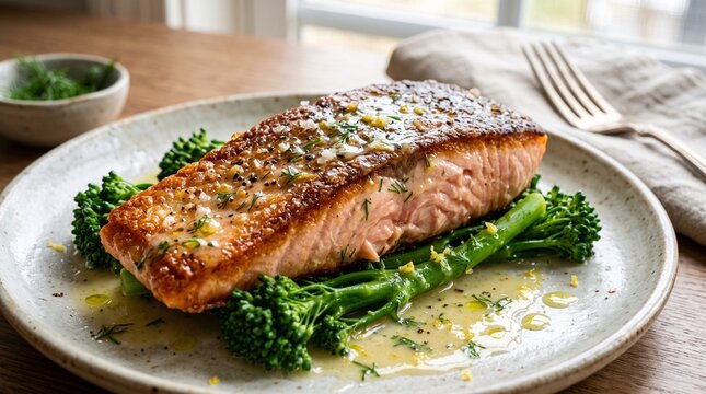 Pan seared salmon with broccolini