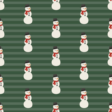 Cute winter snowmen pattern on green striped background, vector seamless holiday Christmas textile wrapping paper design