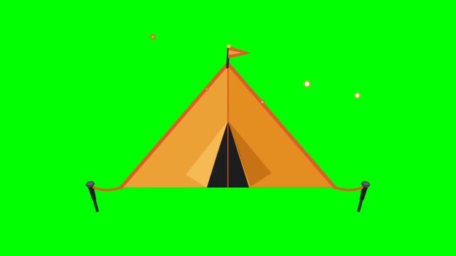 Animated orange tent with glowing particles on green screen background