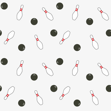 Bowling pins and black bowling balls seamless pattern on white background, retro sport vector repeating background
