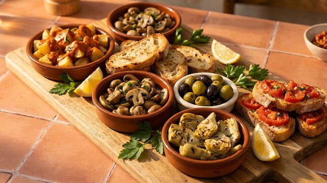 Assorted mediterranean tapas bowls with mushrooms olives and bruschetta on a rustic wooden table. Colorful tapas board