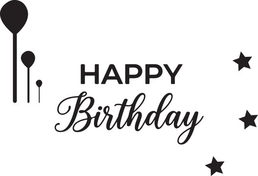 Minimalist happy birthday greeting card design with black balloons and stars on a white background
