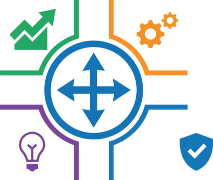 Business strategy concept infographic with central directional arrows surrounded by growth and innovation icons on white background