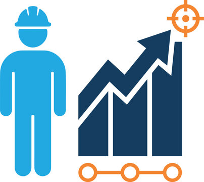 Construction worker icon standing next to a rising growth bar chart representing productivity and project success