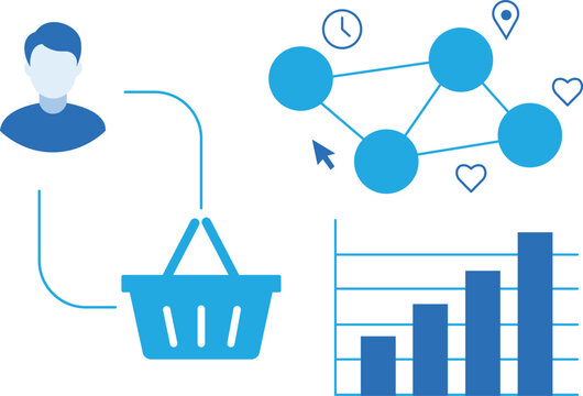 Digital marketing concept showing customer behavior analysis with social media network connections and online shopping basket growth charts