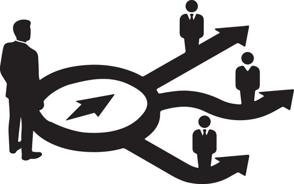 Business leader standing before a compass icon pointing towards three different paths and corporate team members