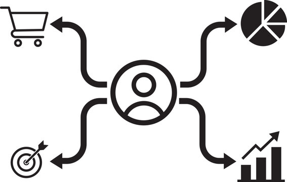 Conceptual illustration showing a central user profile connected to shopping data analysis and business growth target icons