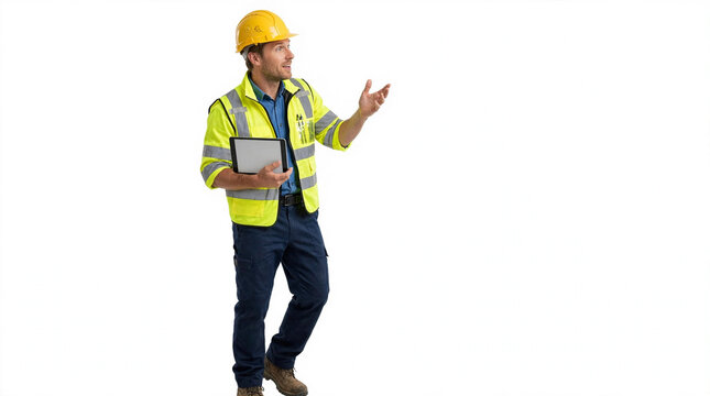 Construction Engineer Gesturing Left Profile On Solid White Background