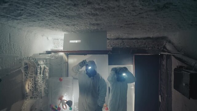 Two technicians with headlamps inspecting frostchoked vent and low ceiling, measuring instruments and sensors scanning for contamination, scraping ice, radio chatter and tense confined atmosphere