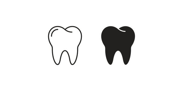 Dental health icons with outline and solid black tooth shapes for medical clinic or dentist branding projects.