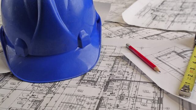 Construction and architecture tools arranged on detailed blueprints: a blue hard hat, tape measure and pencil highlighting planning, engineering, safety and project design concepts for builder