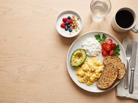 Breakfast meal with scrambled eggs, avocado, bread, yogurt, and fruit served on a plate with a glass of water and coffee