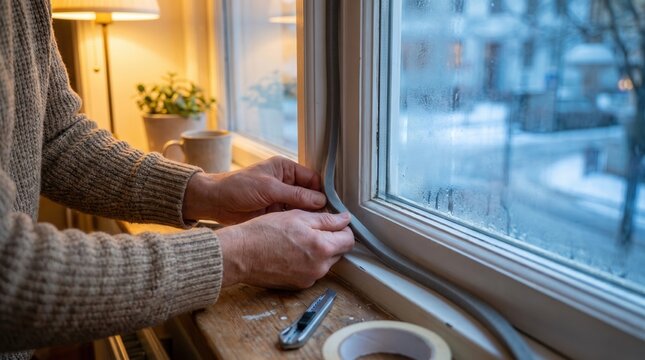 Renter sealing a drafty apartment window before winter