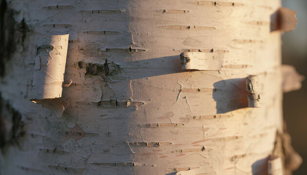 Peeling birch bark in pale strips, surfaces showing honest wear and use, warm low-angle light with long shadows