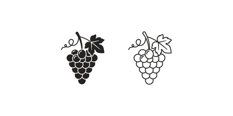 Detailed grape bunch illustration with vine leaf and tendril in solid black and linear outline artistic styles. © Shan masih