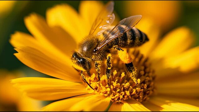 Bees fly and land on bright yellow flowers to collect nectar while pollinating in a sunny garden setting.